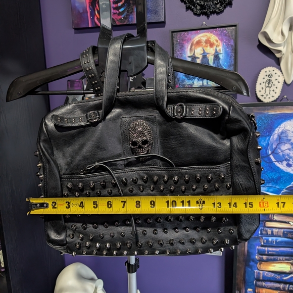 Black Studded Women's Faux Leather Bag with Skull Accent - Picture 2 of 4